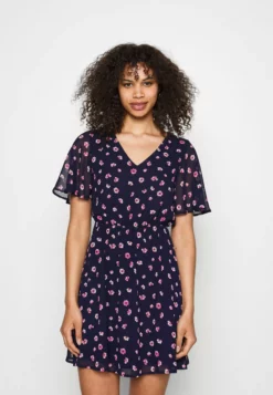 Anna Field V-Neck Sleeve Dress- Day Dress - Dark Blue/Pink -Anna Field Shop 128815276b3e4d32b862a9da869ec04c scaled